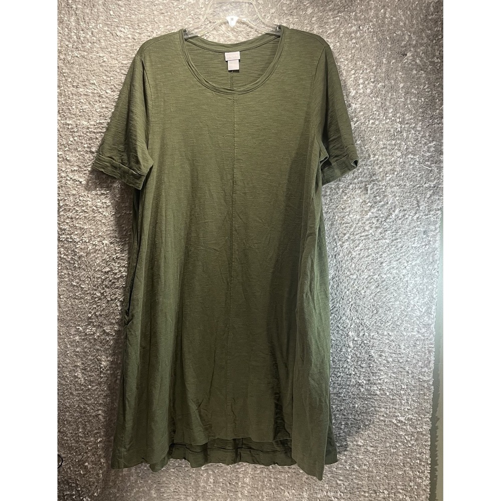 Chicos Green Seamed A-Line Midi Short Sleeve Dress 2, 12, 14 Pockets Preppy Boho